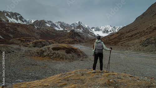 Quadro su tela Rear view of a young female hiker with backpack and trekking poles standing on a