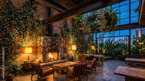 Outdoor restaurant patio at night with stone fireplace.