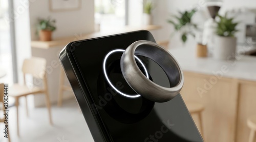 Smart ring wearable technology placed on smartphone.
