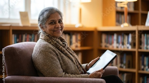Smiling senior woman using tablet in library armchair.