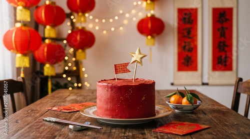 Red cake with star topper on wooden table for chinese new year celebration with lanterns and lights