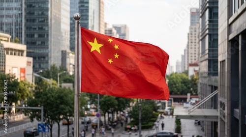 National flag of china waving in the wind against a blurred city street background in the daytime