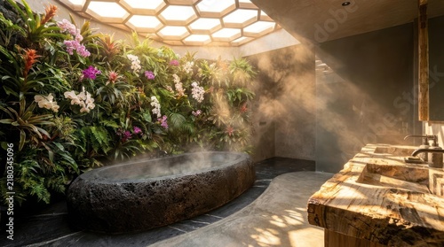 Tropical indoor bathroom with stone tub and mist.