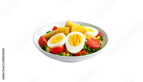 Nutritious sweetcorn kernel mix with protein rich boiled eggs and vibrant vegetables on a transparent background