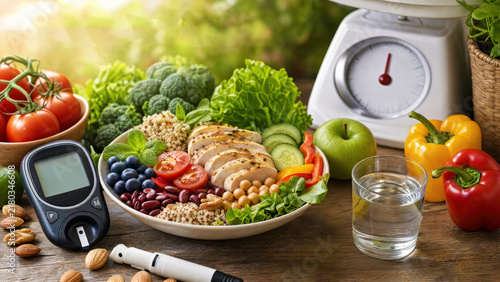 Healthy food for diabetes diet with glucose meter on wooden table. Fresh vegetables, fruits, chicken and quinoa bowl with glucometer and kitchen