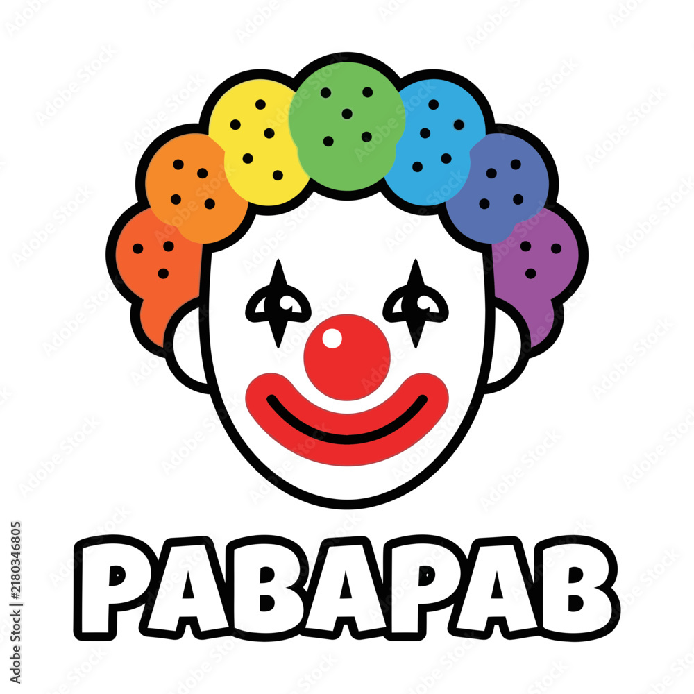 Fototapeta premium Cartoon clown face logo with rainbow hair and text PABAPAB on white background