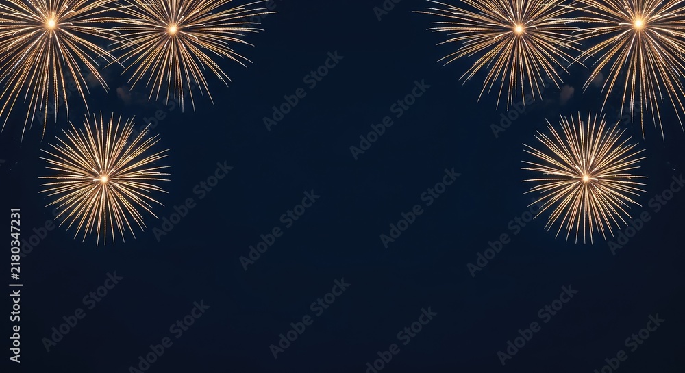 Fototapeta premium Sophisticated dark blue background adorned with minimalist golden and silver fireworks. Perfect for elegant New Year or holiday celebrations, glitter, gala, celestial