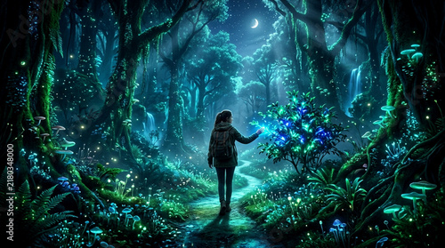 Person exploring a magical glowing forest at night with bioluminescent plants and trees