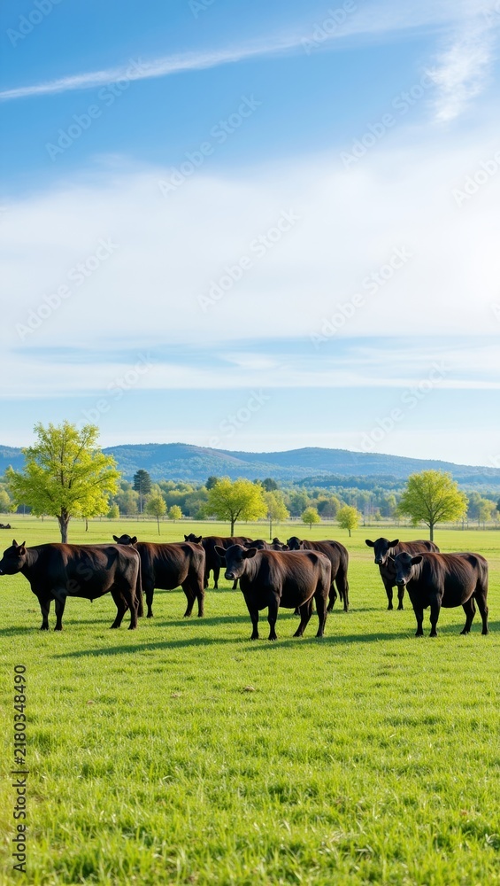 Fototapeta premium Black cattle grazing in a vibrant green pasture with rolling hills under a bright blue sky