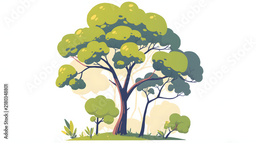Vibrant green leafy tree with smaller shrubs in a flat vector illustration style