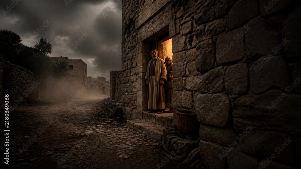 Fototapeta premium Family standing at doorway of ancient stone house under stormy dark sky. Biblical refuge and protection concept from Psalm 90. God shelter and safety in time of trouble and danger