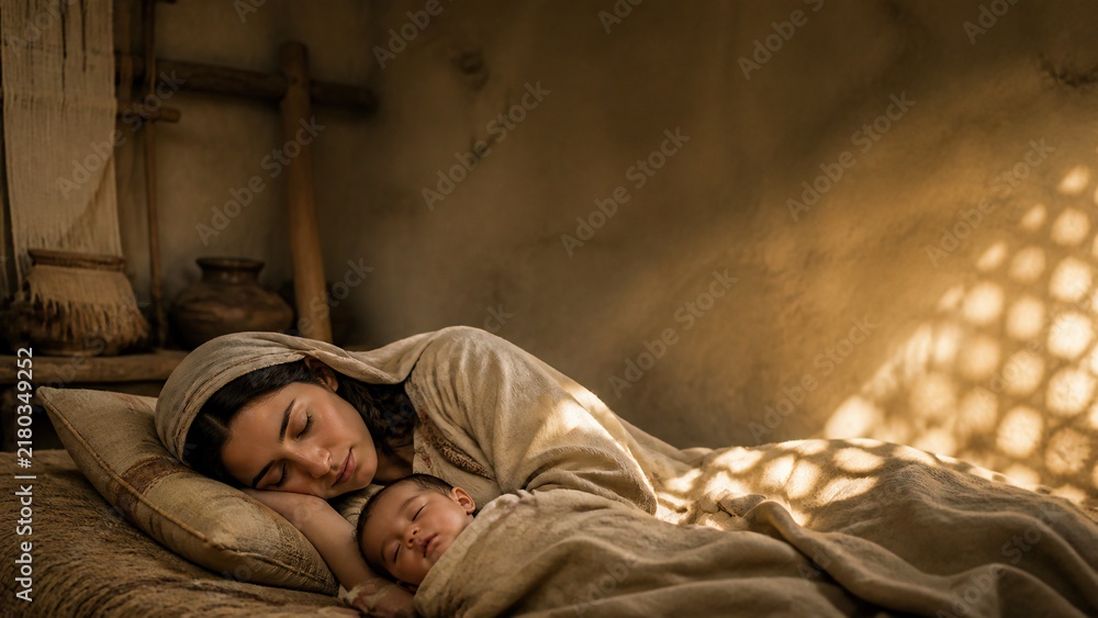 Fototapeta premium Woman sleeping with baby in ancient biblical home. Mother and infant resting under soft warm light. Concept of divine protection, refuge and shelter of the Most High, faith and safety from Psalm 90.