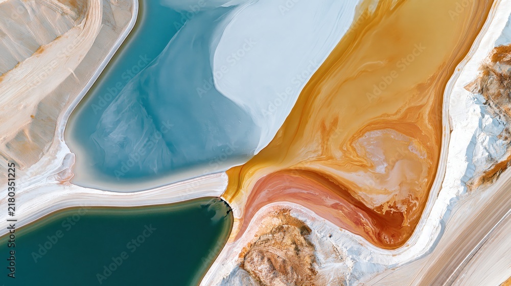 Obraz premium Aerial view of mineral tinted water in tailings basin with abstract color patterns