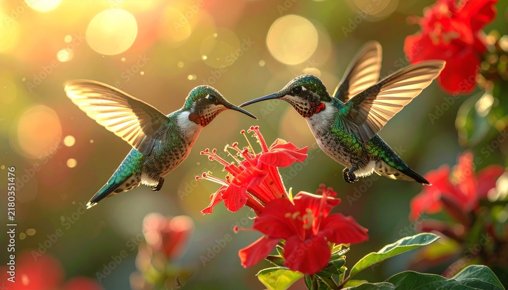 Obraz premium Hummingbird Feeding on a Vibrant Flower in Nature, Hovering with Rapid Wings and Long Beak, Small Wild Bird Captured in Flight Among Green Foliage