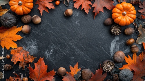 Autumn themed flat lay arrangement featuring leaves acorns and pumpkins on dark slate background with pumpkins create decorative frame composition slate fallen autumn organictextures
