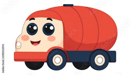 Cute red fire truck toy with smiling face design.