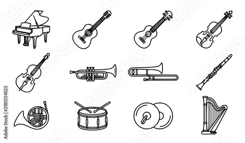 Musical Instruments Set, Line Art Icons, Vector Illustration, Music Education