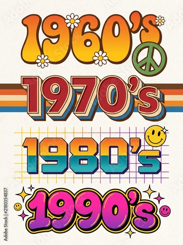Retro decade typography set including 1960s groovy, 1970s vintage 3D, 1980s synthwave grid, and 1990s bubble graffiti styles with pop icons.