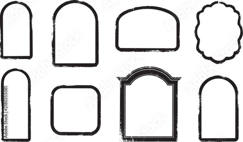 Set of eight various rectangular and arched frames with a distressed, weathered texture in a black and white ink style on white