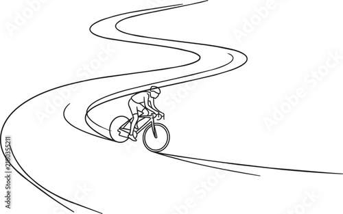 Single continuous line of a cyclist riding a road bike along a winding path on a clean white background, for sports and fitness