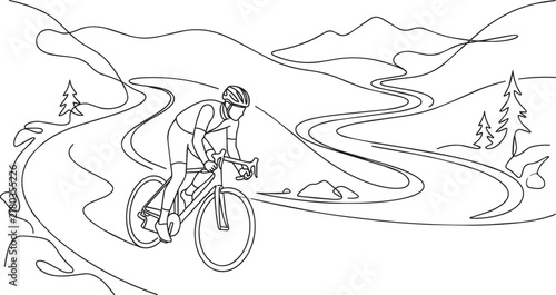 Single continuous line of a cyclist riding a road bike through a winding mountain landscape on a clean white background, for sports