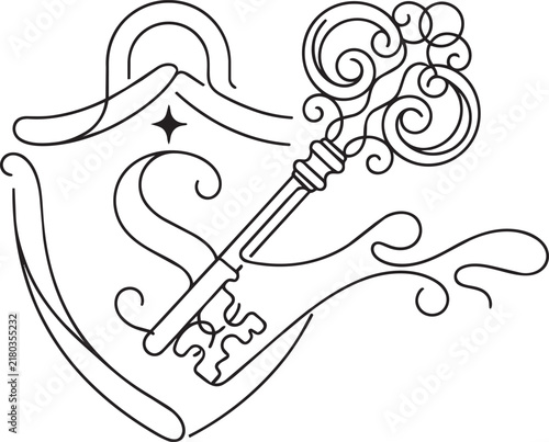 Single continuous line of a decorative shield and an ornate vintage key on a clean white background, for security and, safety concept