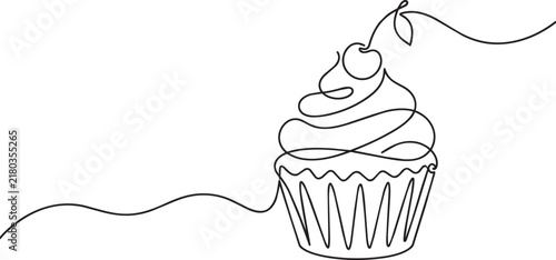 Single continuous line of a delicious cupcake topped with a single cherry on a clean white background, for food menu, or bakery