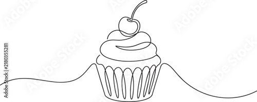 Single continuous line of a sweet cupcake topped with a single cherry on a clean white background, for food menu, or bakery branding