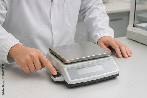 Tapety artystyczne Laboratory technician operating digital precision weighing scale