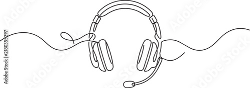 Single continuous line of gaming headphones with a microphone on a clean white background, for audio and, tech branding
