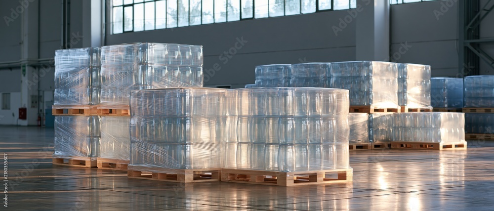 Obraz premium Stacked glass containers wrapped in clear film on wooden pallets inside warehouse