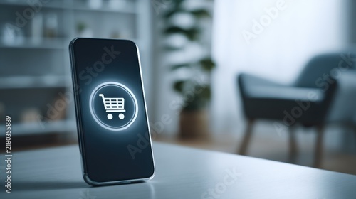 Smartphone displaying online shopping cart icon