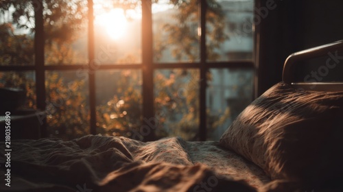 Warm Morning Sunlight Streaming Through a Bedroom Window onto a Cozy Bed