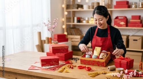 Asian Woman Owner Preparing Gifts in Small Business Shop