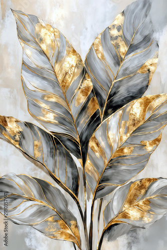 Abstract Tropical Leaves Oil Painting with Gold Foil Accents