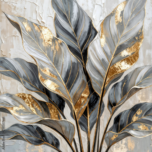 Abstract Tropical Leaves Oil Painting with Gold Foil Accents