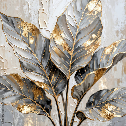 Abstract Tropical Leaves Oil Painting with Gold Foil Accents