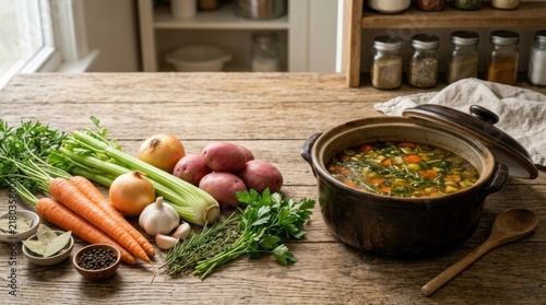 Fresh Soup Ingredients and Pot of Cooked Soup on Rustic Wooden Table