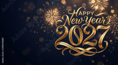 Stylish gold lettering design celebrating new year 2027 against backdrop dazzling fireworks