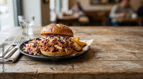 Hearty Pulled Chicken Sandwich with Creamy Coleslaw and Potato Wedges on a Rustic Table