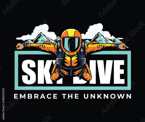 Foto Detailed retro emblem of a skydiver in orange jumpsuit freefalling over mountain