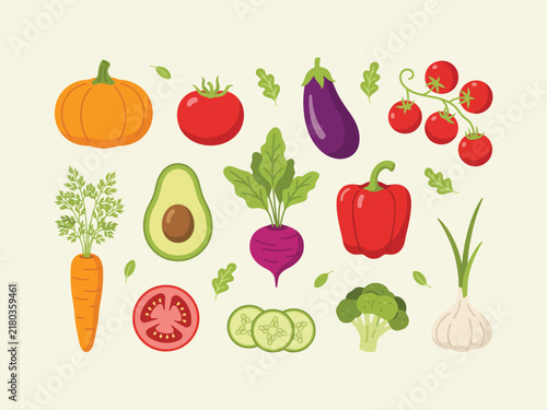 Fresh vegetables vector set, flat food illustrations featuring nutritious garden produce for healthy eating, organic markets, recipes and packaging designs.
