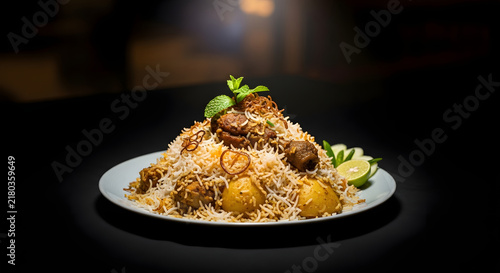 Flavorful Biryani Feast: A tantalizing plate of Chicken Biryani, richly spiced and adorned with fresh mint and lime, sits elegantly in soft spotlight, ready to be savored.