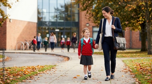 Mother and Daughter Walking to School Entrance