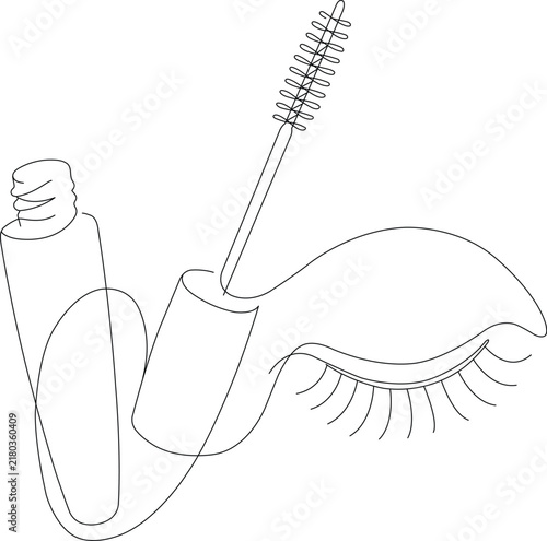 Continuous line illustration of an eye with long eyelashes, open mascara tube and applicator brush, representing eye makeup, lash beauty, cosmetics, mascara application and beauty routine