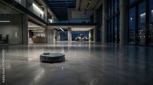 Autonomous Robot Vacuum Cleaner Working in Modern Office Interior
