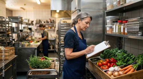 Restaurant Owner Reviewing Inventory in Busy Kitchen