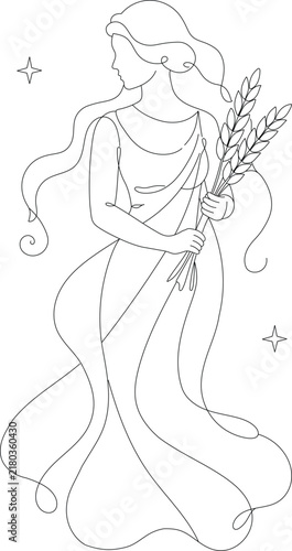Elegant Virgo zodiac woman holding wheat in a minimalist continuous line illustration, symbolizing astrology, harvest and the maiden