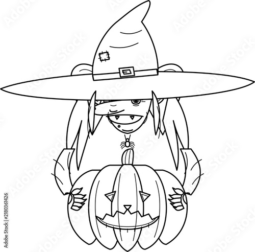 Obraz na płótnie Halloween Witch Character Holding a Jack O Lantern Pumpkin Vector Illustration