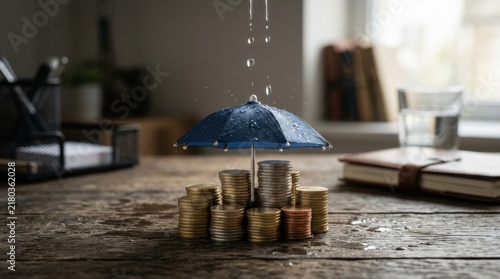 Small umbrella protecting stacked coins from falling water drops
